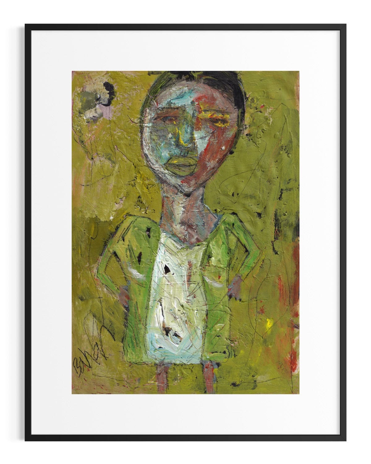 Abstract artwork of a person with a green jacket on a yellow background